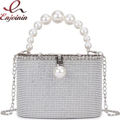 Silver & Gold Luxury Diamond Party Wedding Evening Bag Shoulder Chain Bag Women Purses and Handbags Pearl Handle Designer Bag