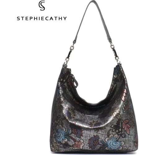 SC Luxury Leather Women Shoulder Bag Fashion Style Shiny Metallic Hobo Floral Pattern Tote Female Real Leather Crossbody Handbag