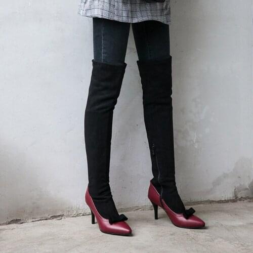 YMECHIC Sexy Stiletto High Heels Long Boots Bowtie Faux Pumps Winter Womens Shoes Slim Suede Over Knee High Ride Boots Big Size