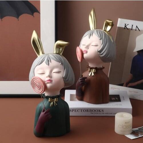Nordic Cute Bunny Ears Candy Girl Resin Accessories Wedding Gifts Home Livingroom Figurines Crafts Coffee Table Sculptures Decor