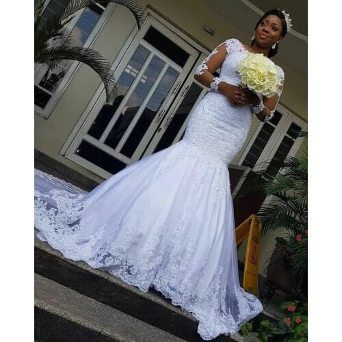 Long Sleeves African Mermaid Wedding Dresses 2022 Lace Appliques Tulle Wedding Gowns Vestidos De novia Beaded Bridal Dresses