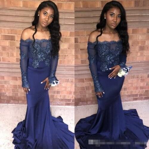 Dark Navy Mermaid Evening Dresses Long Sleeves Off Shoulder Sequined robe de soiree Prom Gown Elegant Formal evening Dress 2019