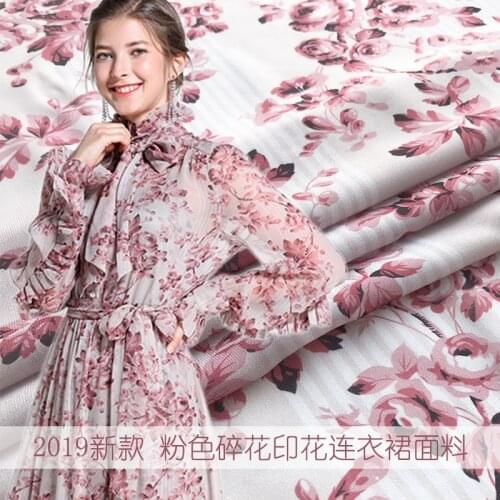 2019 new pink floral print dress shirt fabric spring and summer polyester printing fashion micro-transparent hot 145cm wide