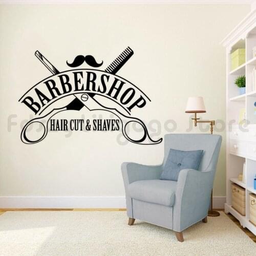 Hair Cut Shaves Logo Wall Window Decals Barbershop Sign Wall Sticker Hair Salon Decor Removable Haircut Wall Vinyl Mural Q690