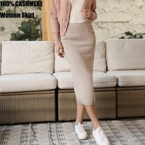 New 100 Pure cashmere skirt Women ladies Slim Stretch High Waist thick knit Autumn Spring Warm Split Hip skirt wide mid-leng