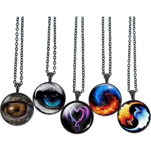 Evil Eye Steampunk Jewelry Water and Fire Yin Yang Pendant Black Chain Glass Cabochon Choker Necklace