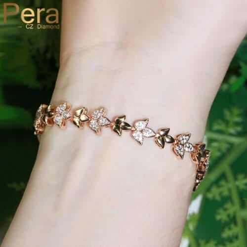 Pera Elegant Leaf Shape 585 Gold Color Cubic Zirconia Tennis Chain Link Bracelets Fashion Female Wedding Party Jewelry Gift B183
