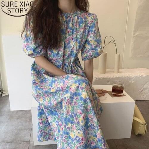 Pleat Dresses Summer Dress Sweet O Neck High Waist Long Dress 2021 Oil Panting Flower Puff Sleeve Pullover Women Clothing 14540