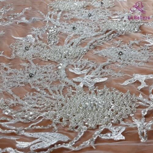 1yard New arrivels pink/black/blue heavy handmade beads on netting embroidery wedding dress lace fabric 130cm width