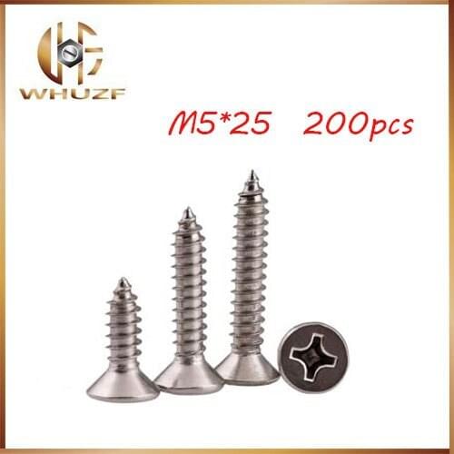 200pcs/lot M5*25 Countersunk Head Self Tapping Screw A2-70 Stainless Steel 304(Cross Recessed Flat Head) M5 bolts,m5 nails