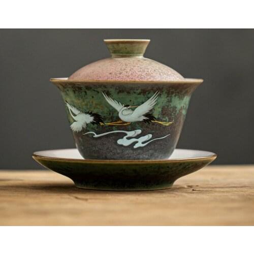 Anti-scald Large Ceramic Retro Tea Cover Bowl with Lid Sancai Gaiwan Single Tea Bowl Hand Painted Shining Crane Cover Bowl