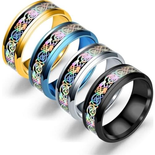 FDLK Hot Sale Mens 8mm Multicolor Stainless Steel Ring Inlay Rainbow Color Carbon Fiber Dragon Ring Wedding Band Jewelry 6-13
