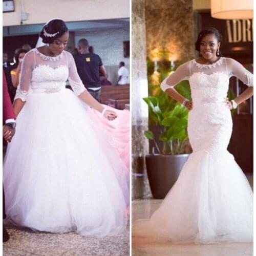 Hot Sales African Lace Long Sleeve Formal Wedding Dresses With Detachable Train Bridal Gown 2021