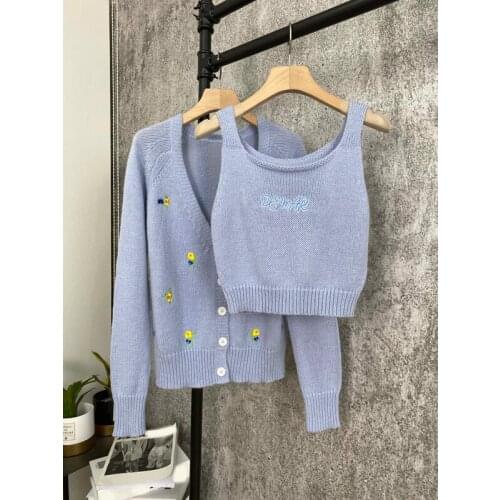 !!! 11.27 Hot Sale Fashion Two Piece Floral Short Knitted Cardigan Sweater + Letter Embroidery Tank Top Set