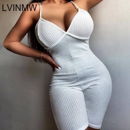 LVINMW Ribbing Solid Casual Sports V Neck Sleeveless Romper Patchwork Backless Fitness Fashion Stretchy Playsuits Women Jogger