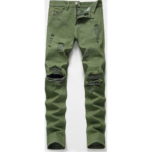 Fashion Hole Mens Jeans Army Green Mens Casual Denim Pants Jean Trousers Male Man Clothing Plus Size 38