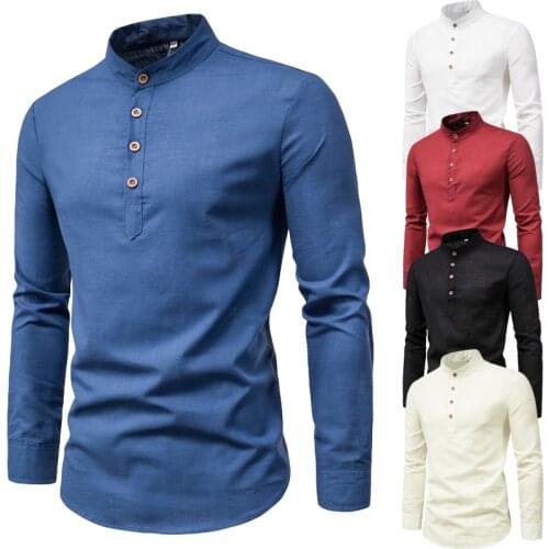 Spring Autumn New Mens Shirt Solid Color Long Sleeve Slim Business Stand-up Cotton-linen Half-open Shirt Fashion Men Clothing