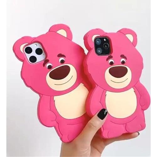 3D Cute Strawberry Bear Soft Silicone Case for iPhone 12 11 Pro X XR XS Max 8 7 6 Plus Phone Cover Anti-Knock