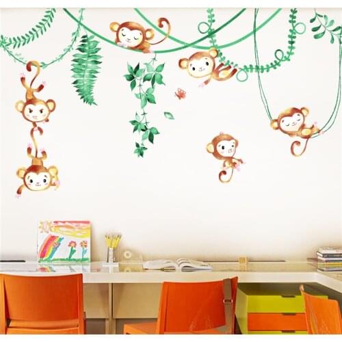 Lovely Monkey Wall Stickers Childrens Room Bedroom Decoration Sofa Backdrop Animals Plants Vinyl Home Decor Wallpaper