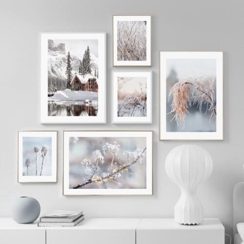 Wall Art Canvas Painting Snow Hill Lake Winter House Grass Flower For Living Room Decor Nordic Posters And Prints Wall Pictures