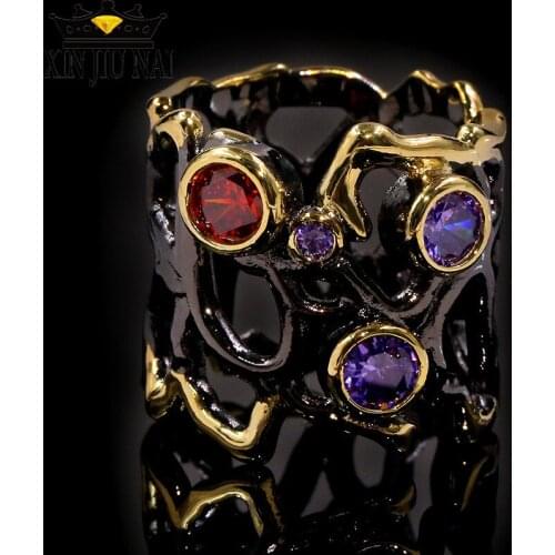 New Bohemian Style New Design Retro Natural Amethyst Ruby Hollow Gold Trunk Fashion Women Diamond Ring Women Luxury Jewelry