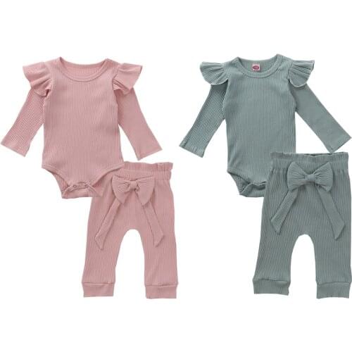 Solid Baby Summer Suit, Cotton Ruffle Long-Sleeves Romper Top + Pants with Bow Tie Outfits for Little Girl, 0-2 Years