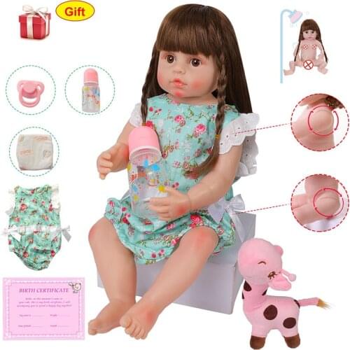 Realistic 22'' Reborn Baby Doll With Brown Eyes Full Body Silicone 56CM Lifelike Newborn Baby Dolls Adorable Green Clothes Toys