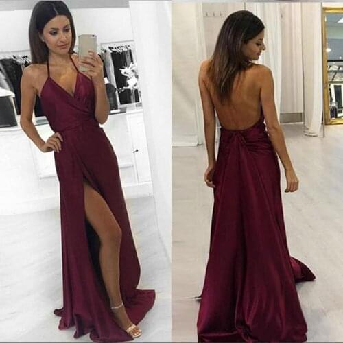 Sexy Burgundy Backless Prom Dresses Mermaid Style 2020 Modest Split Halter Beaded Sweep Train Formal Evening Pageant Gowns