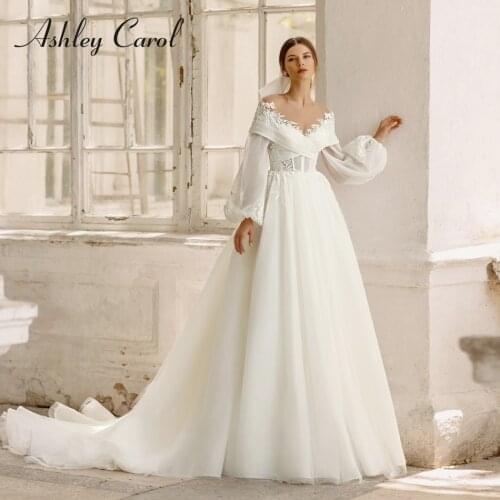 Ashley Carol A-Line Wedding Dress 2021 Elegant Beaded Embroidery Sweetheart Bride Removable Puff Sleeve Princess Bridal Gown