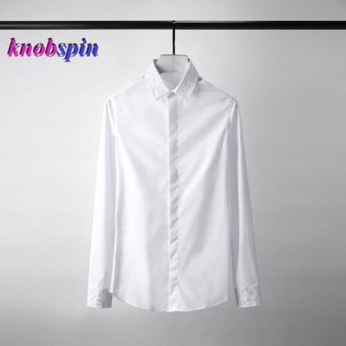 Solid Color Men Shirt Elegant Embroidery Long Sleeve Business Male Dress Shirts Slim Cotton Social Chemise Homme Plus Size 4XL