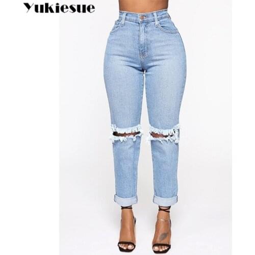 High waisted jeans woman fashionable womans jeans for women ripped hole pencil jeans boyfriend jeans womens jeans Plus size