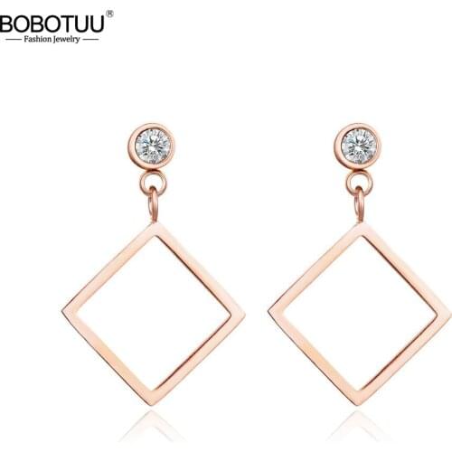 BOBOTUU Classic Cubic Zirconia Square Stud Wedding Earrings For Women Titanium Steel Female Earrings Jewelry Brincos BE17047