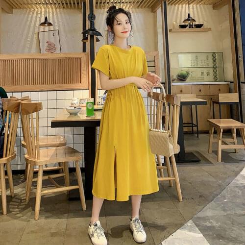 Dress Women Summer 2021 receive new show thin waist temperament long split sleeve mid calf Dresses Casual Vestidos YYR003