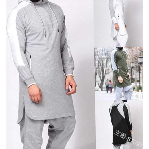 Winter New Men Jubba Thobe Muslim Arabic Islamic Clothing Abaya Dubai Kaftan Long Sleeve Hooded Stitching Saudi Arabia Sweater