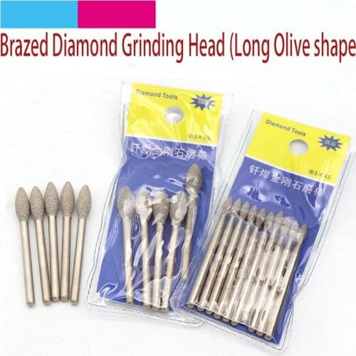 5pcs 3mm Shank Long Olive Shape Brazed Diamond Grinding Head Burrs Carving Peeling Bits For Jade Stone Glass Metal Ceramic Mill