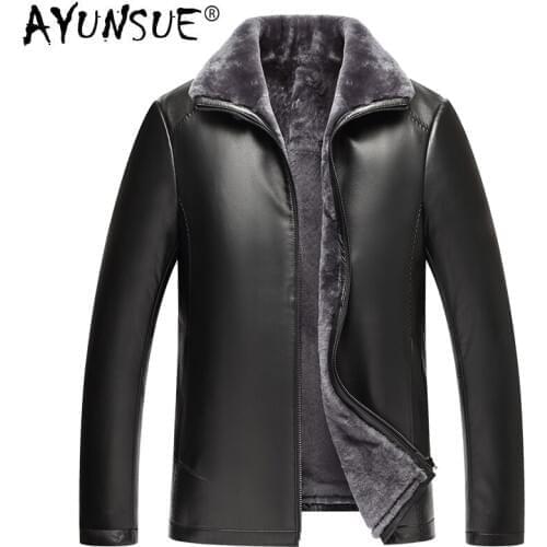 AYUNSUE Mens Genuine Leather Jacket Real Fur Sheepskin Coat Winter Shearling Jacket Men Veste Cuir Homme 14BAQ00066712 KJ4017