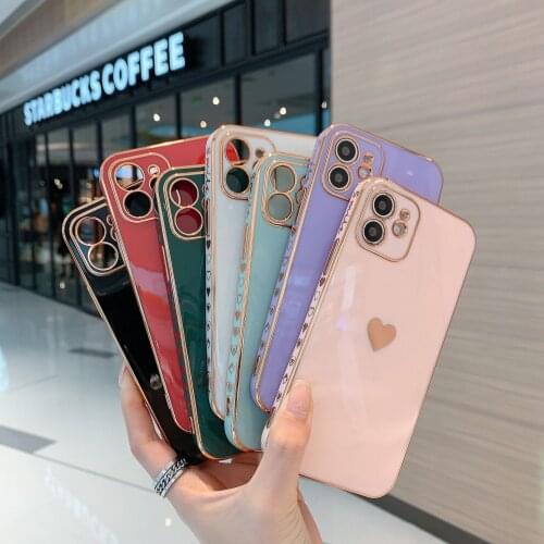Electroplated Love Heart Phone Case For iPhone 13 Pro 11 Pro Max XR X XS Max 7 8 Plus Soft Silicone Camera Protective Back Cover