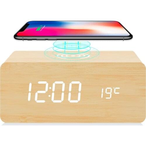Digital Alarm Clock with Qi Wireless Charging Pad Wooden Led Digital Night Clock Sound Control Function 3 Alarm Settings,4 color