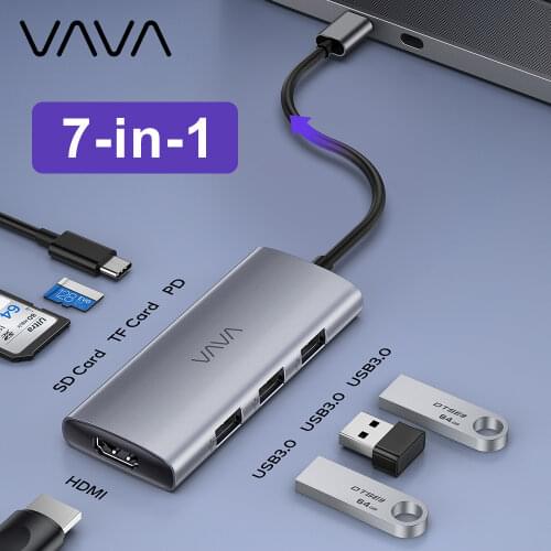 VAVA 7-in-1 USB-C Hub with 100W Power Delivery Charging Port 4K USB C to HDMI Port 3 USB 3.0 Ports SD/TF Cards Reader