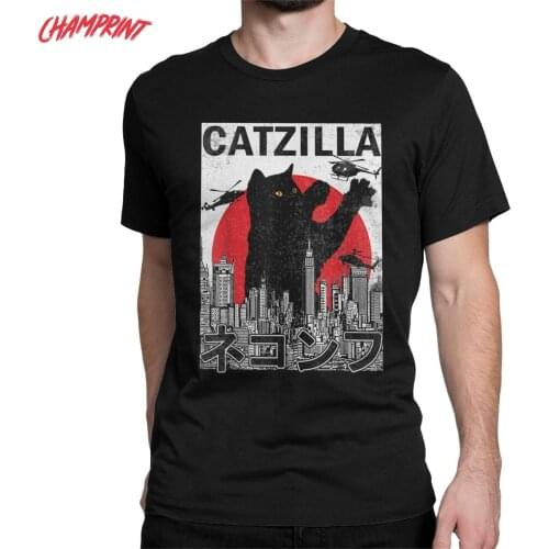 Men Catzilla Japanese Vintage Sunset Style Cat Kitten Lover T Shirts Cotton Clothes Crew Neck Tee Shirt Gift Idea T-Shirt