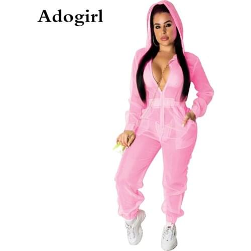 Women Fluorescence Color Jumpsuit Organza See Though Zipper Up Long Sleeve Hooded Sexy Beach Romper Playsuit Plus Size Outfits