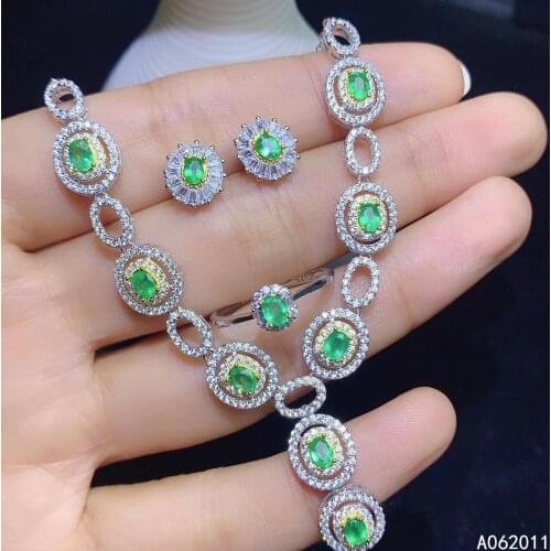 KJJEAXCMY fine jewelry natural Emerald 925 sterling silver classic girl pendant necklace chain earrings ring set support test