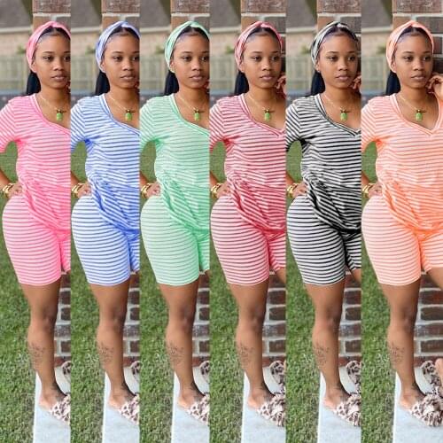 Summer Fashion Women Striped Clothes Set, V-neck Short Sleeve T-shirt + Short Pants with Elastic Waist + Headband for Summer
