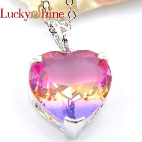Luckyshine Rainbow Love Heart Bi colored Tourmaline Pendants Silver Plated For Women Wedding Pendants Jewelry