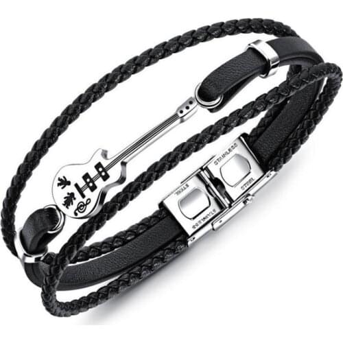 Hip Hop Fashion Stainless Steel Guitar Multilayer Leather Rope Braided Bracelet Mens Charm Casual Jewelry