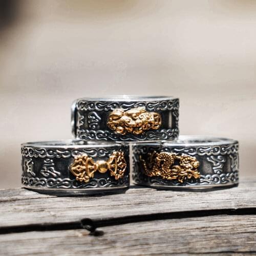 Buddihism Vajra 925 Sterling Silver open rings for men brave troops and dragon Vintage fashion jewelry mygrillz