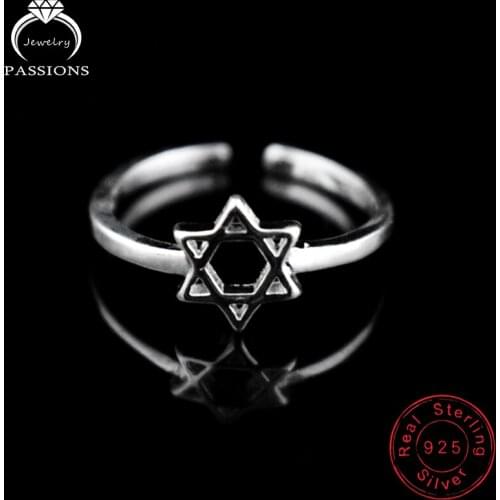 Wholesale Jewelry 925 Sterling Sliver Rings Hollow Six Point Star Rings For Women&Girl Resizable Vintage Style Bague Ring Gifts