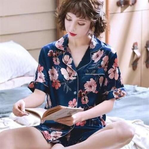 Pajamas Set Women Summer Sexy Flower Pyjamas Sexy Female Short Sleeve Shirt Shorts Stitch Lingerie Striped Mom Sleepwear