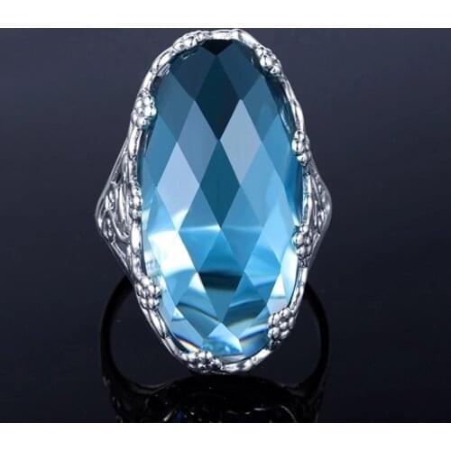 Retro Gothic Womens Ring Silver with Big Blue Stone Openwork Wide Vintage Punk Rings Large Steampunk Jewelry Amethyst Gift Mom