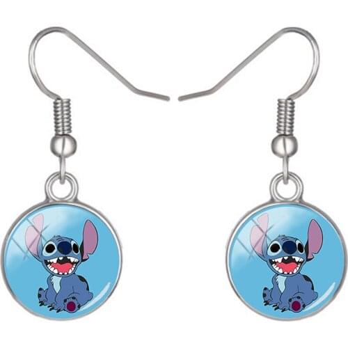 Disney Stitch Pattern Pendant Earrings Glass Cabochon Art Printed Round Earrings Jewelry Girls Jewelry Accessories